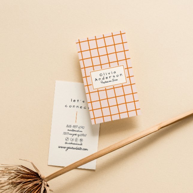 Cartão De Visita Retro Orange Wavy Checking Trendy Boho Funky (Criador carregado)