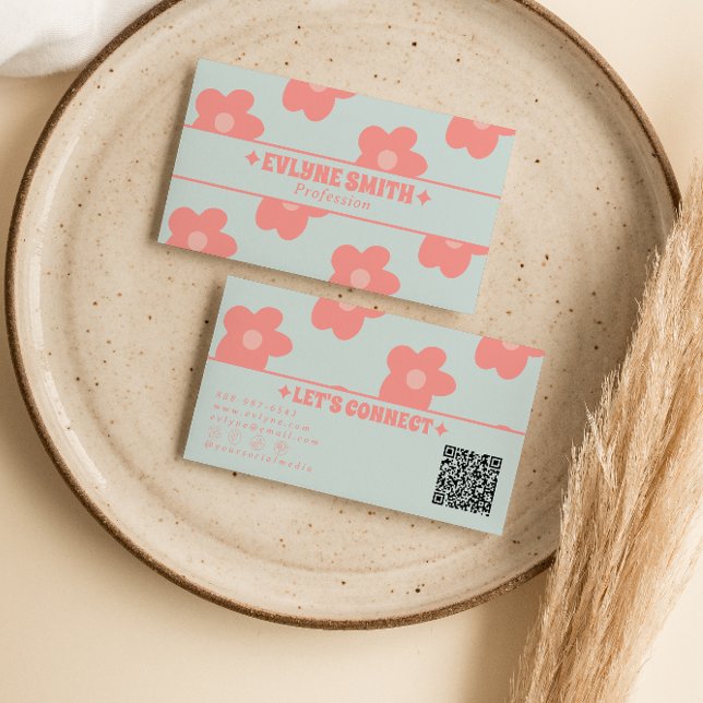 Cartão De Visita Retro Pastel Pink QR Code Groovy Floral Boho Girly (Criador carregado)