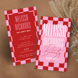 Cartão De Visita Retro Pink Checkered Aesthetician Lashes Salon