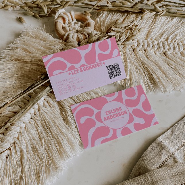 Cartão De Visita Retro Pink Pastel QR Code 70s Groovy Girly Trendy (Criador carregado)