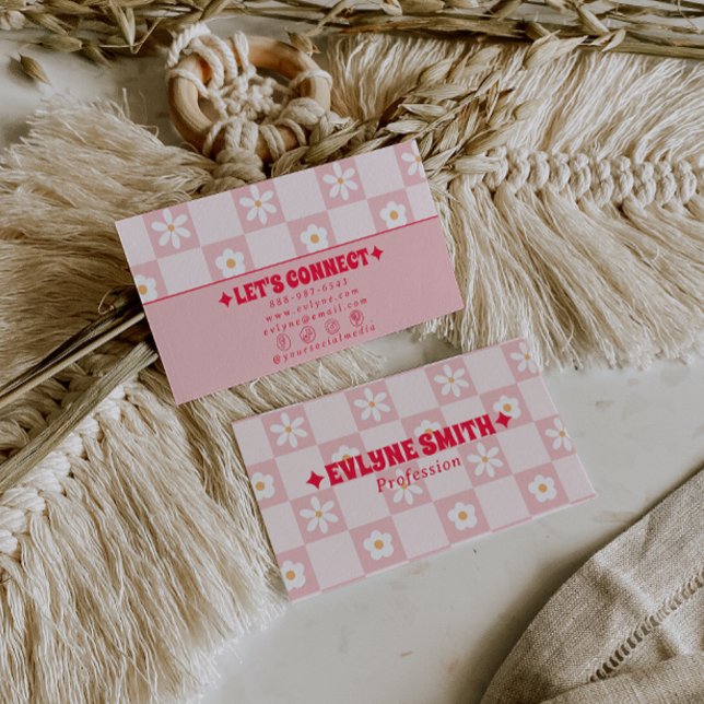 Cartão De Visita Retro Pink Red Checkered Groovy Floral Boho Trendy (Criador carregado)