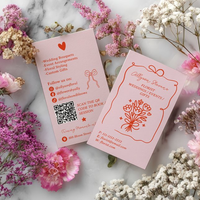 Cartão De Visita Retro Pink Red Doodles Florist Artist QR Code (Retro Pink Red Doodles Florist Artist QR Code Business Card)