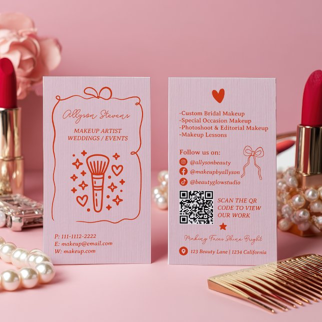 Cartão De Visita Retro Pink Red Doodles Makeup Artist QR Code (Retro Pink Red Doodles Makeup Artist QR Code Business Card)