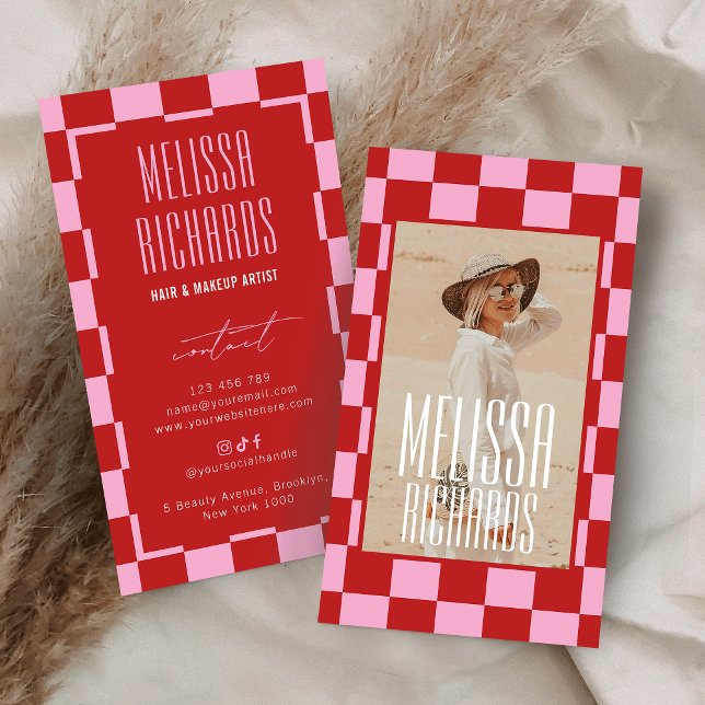 Cartão De Visita Retro Pink Red Groovy Beauty Salon Custom Photo (Criador carregado)