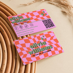Cartão De Visita Retro Rosa Laranja Código QR Groovy Xadrez Único