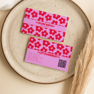 Cartão De Visita Retro Rosa Vermelho Código QR Floral Boho Feminino