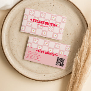 Cartão De Visita Retro Rosa Vermelho Código QR Xadrez Floral Groovy