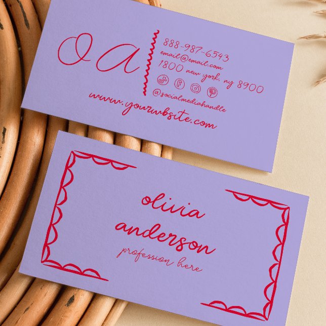 Cartão De Visita Retro Roxo Mão Vermelha Desenhada Simky Girly (Criador carregado)