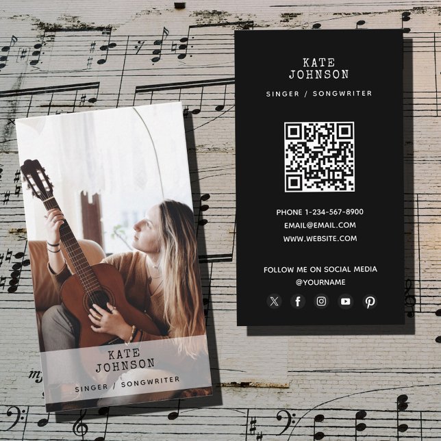Cartão De Visita Retro Singer Musical Foto Moderna Preto Musical (Retro Singer Musician Photo Modern Musical Black Business Card)