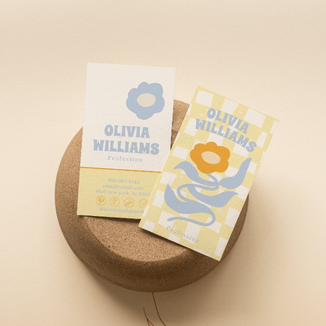 Cartão De Visita Retro Soft Boho Groovy Checkered Floral Unique 70s (Criador carregado)