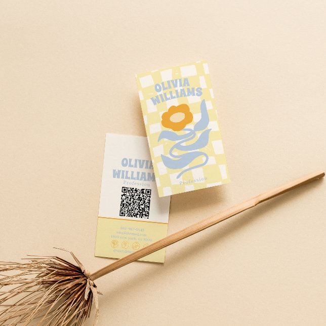 Cartão De Visita Retro Soft QR Code Boho Groovy Checkered Floral (Criador carregado)