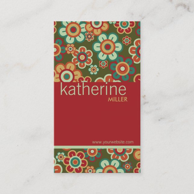 Cartão de visita retro vermelho & verde de flower (Frente)