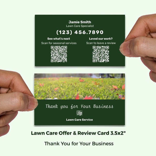 Cartão De Visita Revisão de manutenção de lançamento e agradeciment (Lawn Maintenance Review & Thank You Combo Business Card; Size: 3.5x2 Inch Landscape Format)