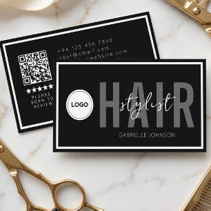 Cartão De Visita Revisão QR do Logotipo Moderno Cabelo Preto e Bran