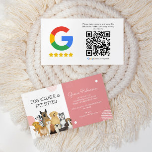 Cartão De Visita Revisão QR Rosa Rosa Pet Pet Sitter Moderna Walker
