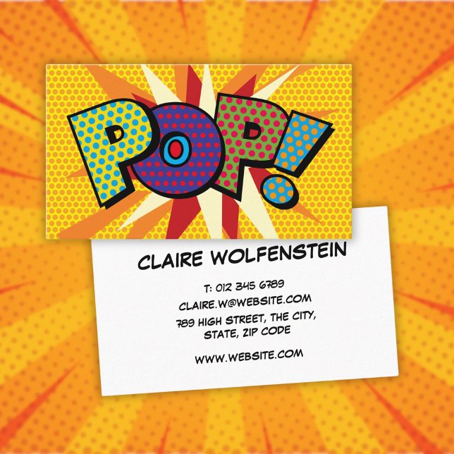 Cartão De Visita Revista em Quadrinhos Divertida e Retrô POP (POP Fun Modern Colorful Comic Book Business Card)