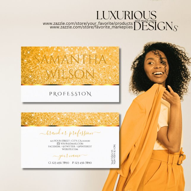 Cartão De Visita Rico de estrelas de brilho laranja branco Elegante (Criador carregado)