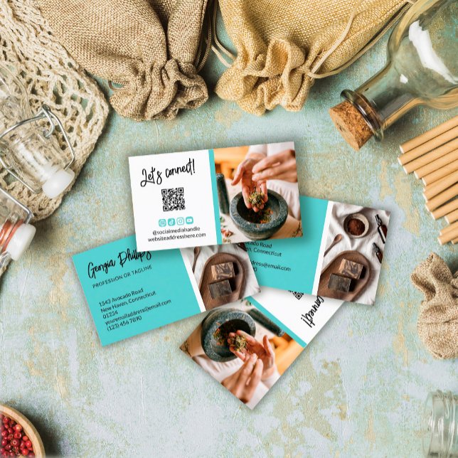 Cartão De Visita Robin Egg Blue Social Media Icons QR Code Foto (Criador carregado)