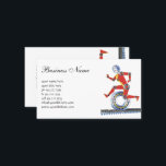Cartão De Visita Robô Vintage Science Fiction Running with Wheel<br><div class="desc">Vintage ilution science fiction business design com um robot feliz, sorridente, feito com peças de máquinas. A mulher futurista ou o homem tem um sorriso e está correndo com uma engrenagem, uma engrenagem ou uma roda na esteira transportadora. Uma cara saudável de ficção científica ou corrida legal para a saúde,...</div>