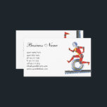 Cartão De Visita Robô Vintage Science Fiction Running with Wheel<br><div class="desc">Vintage ilution science fiction business design com um robot feliz, sorridente, feito com peças de máquinas. A mulher futurista ou o homem tem um sorriso e está correndo com uma engrenagem, uma engrenagem ou uma roda na esteira transportadora. Uma cara saudável de ficção científica ou corrida legal para a saúde,...</div>