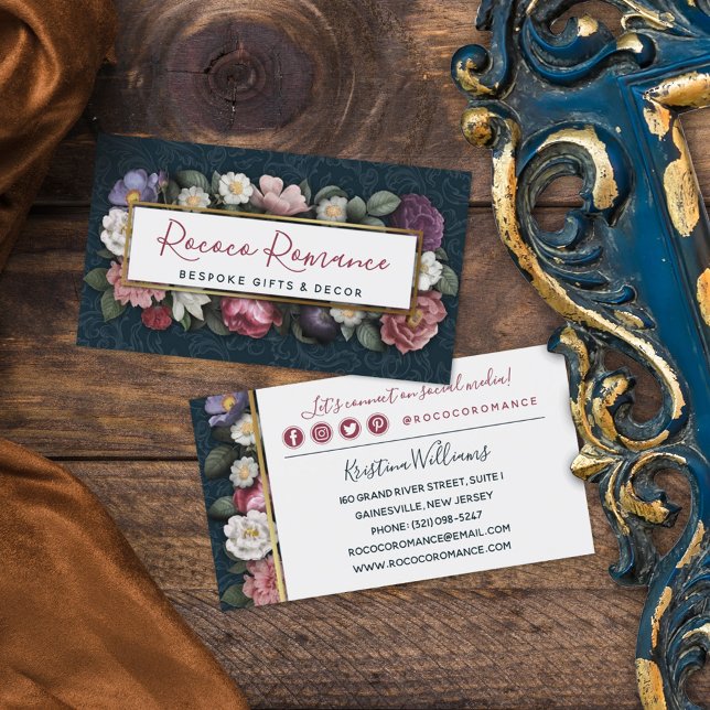 Cartão De Visita Rococo Damask & Elegant Floral Social Networking (Criador carregado)