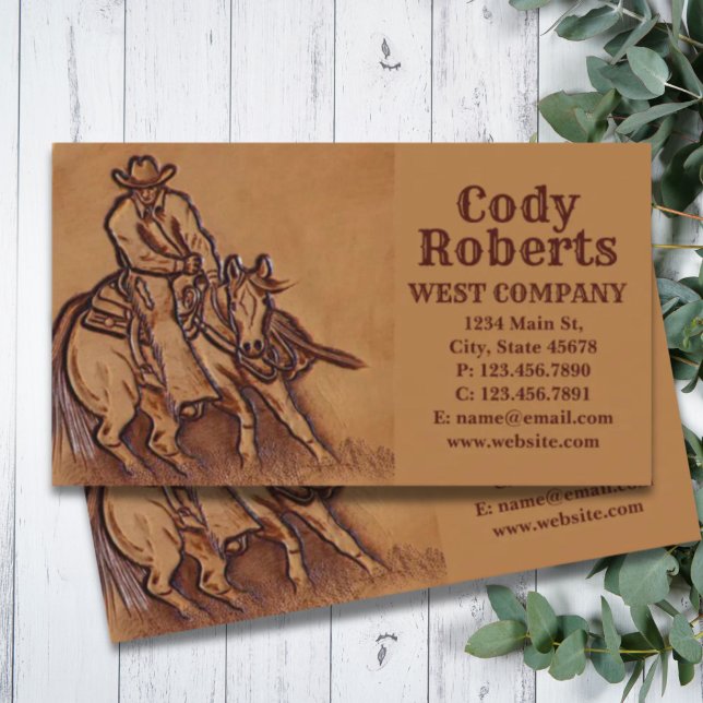 Cartão De Visita Rodeio Rodeo, cowboy, com casco de couro natural o (Western leather horseback Riding Rodeo Cowboy Business Card)