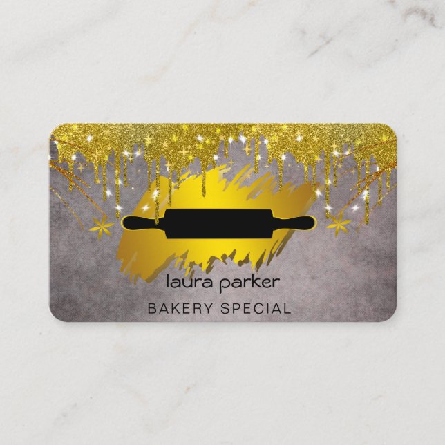 Cartão De Visita Rolling Pin Bakery Catering Pregado Dourado (Frente)