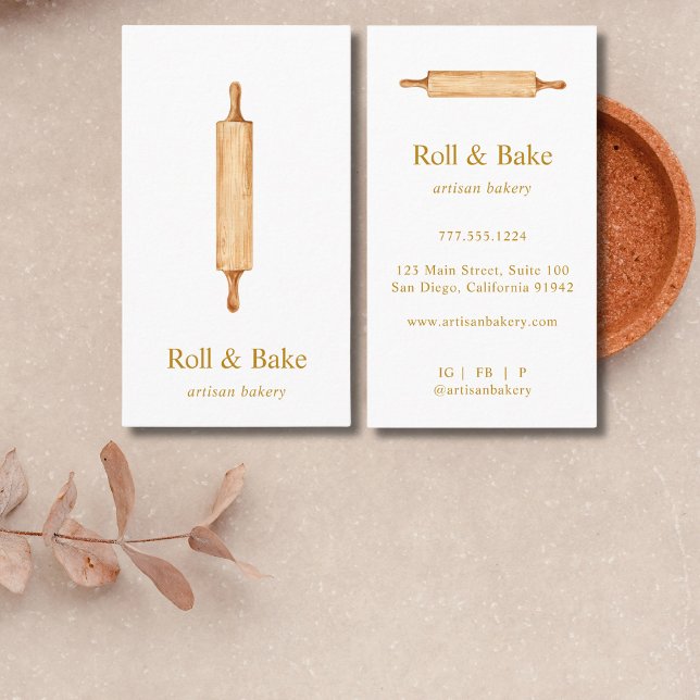 Cartão De Visita Rolling Pin Bakery Chef Caterer Dourado Script (Criador carregado)