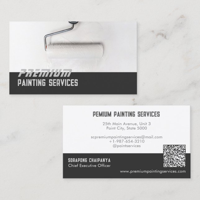 Cartão De Visita Rolo de pintura branca Serviços de pintura em pret (Frente/Verso)