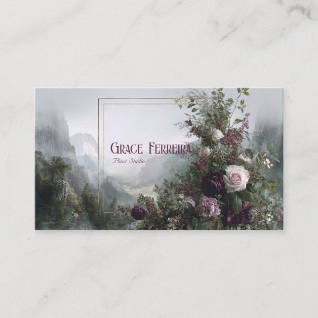 Cartão De Visita Romantic Floral Misty Mountain Valley Gold Frame (Frente)