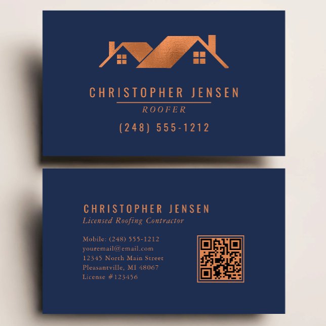 Cartão De Visita Roofer QR Code Roofing Business Navy Blue Copper (Criador carregado)