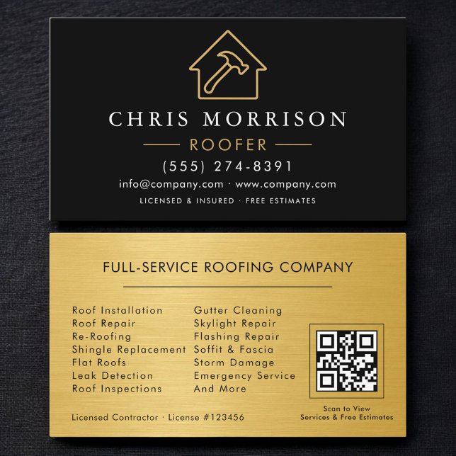 Cartão De Visita Roofing Professional Black Gold QR Code (Criador carregado)