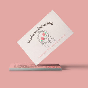 Cartão De Visita Rosa Bege Marfim Bordado Manual Hobby Artesanato