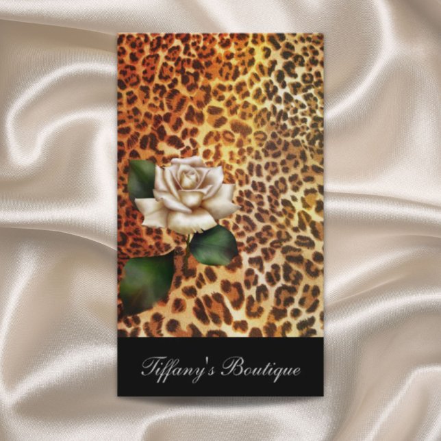 Cartão De Visita rosa branca de na moda de moda cinzenta (fashion beauty salon elegant stylish Animal print leopard white rose Business Card)