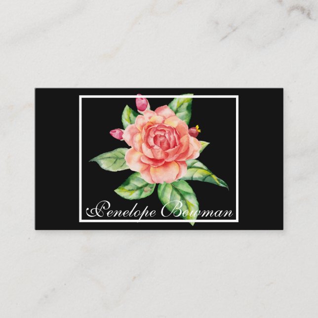 Cartão De Visita Rosa de Aquarela em um Quadro (Frente)
