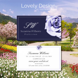 Cartão De Visita Rosa de Floral Azul e Branco com Iniciais