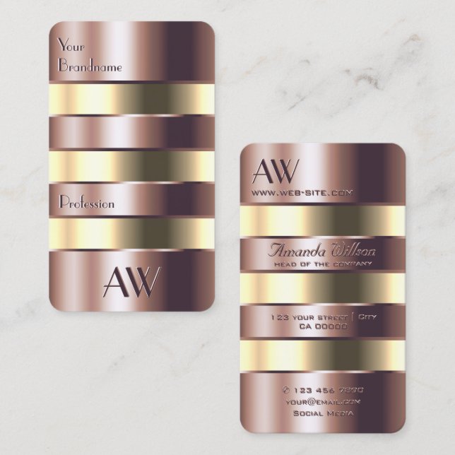 Cartão De Visita Rosa de Nobre Dourado e Amarelo Claro com Iniciais (Frente/Verso)