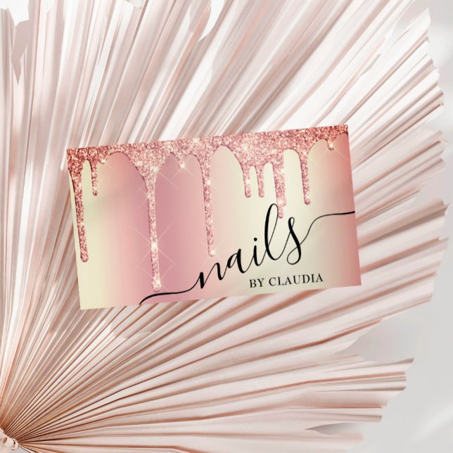 Cartão De Visita Rosa de ouro Elegante pinga unhas (Criador carregado)