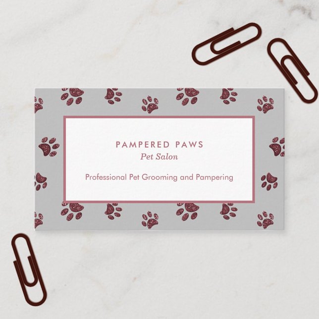 Cartão De Visita Rosa Dourada Glitter Paw Imprime Salão de Pet (Rose Gold Glitter Paw Prints Pet Salon Business Card)