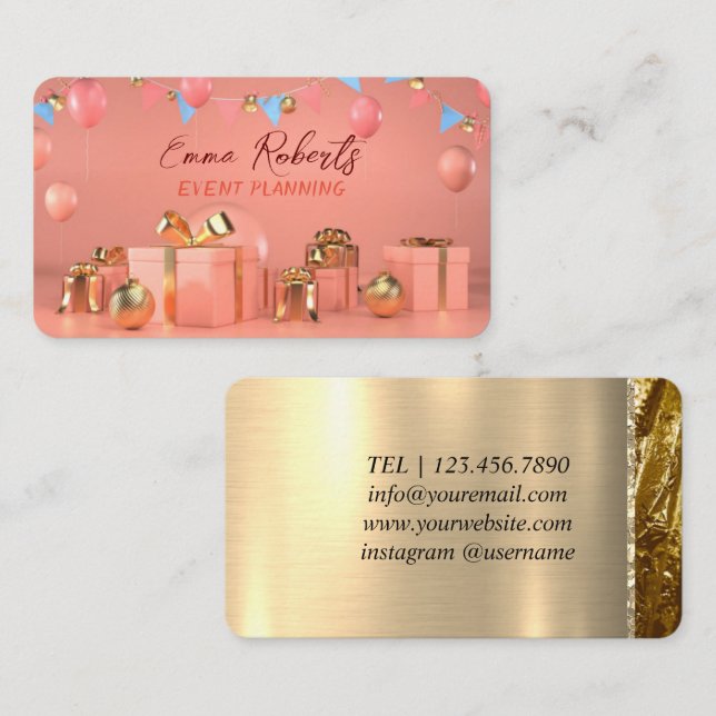 Cartão de visita rosa Dourado Balões Modernos (Frente/Verso)