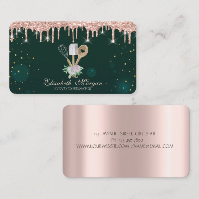 Cartão de Visita Rosa Dourado com Gotas de Morango (Frente/Verso)