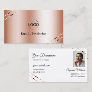 Cartão De Visita Rosa Dourado com Linhas Brilhantes Logotipo e Foto