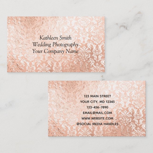 Cartão De Visita Rosa Dourado Damask Elegante Feminino  (Frente/Verso)