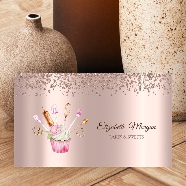Cartão De Visita Rosa Dourado Diamantes,Ferramentas de Cupcake de F (Criador carregado)