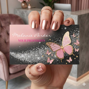 Cartão De Visita Rosa Dourado Elegante Brilho Borboleta Negócios