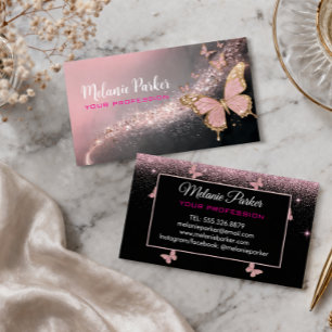 Cartão De Visita Rosa Dourado Elegante Brilho Borboleta Negócios
