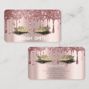 Cartão De Visita Rosa Dourado Elegante, Cílios com Pingos de Brilho