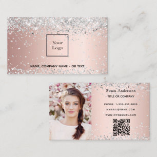 Cartão De Visita Rosa dourado foto de prata QR