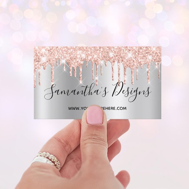 Cartão De Visita Rosa Dourado Glitter Drives Silver Ombre Online St (Rose Gold Glitter Drips Silver Ombre Online Store Business Card)