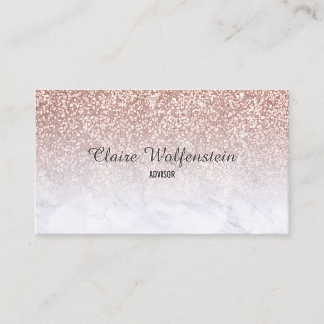 Cartão De Visita Rosa Dourado Glitter Mármore Script (Frente)